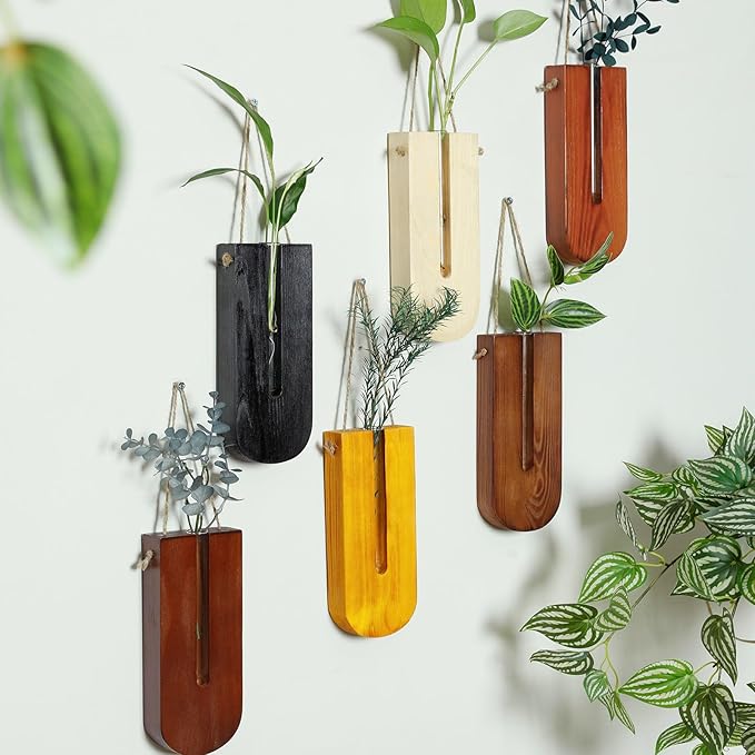 6 Pack Wall Planters for Indoor Plants, Wooden Hanging Planter, Propagation Station, Wooden Pocket Vase, Wood Wall Decor for Living Room Bedroom Bathroom