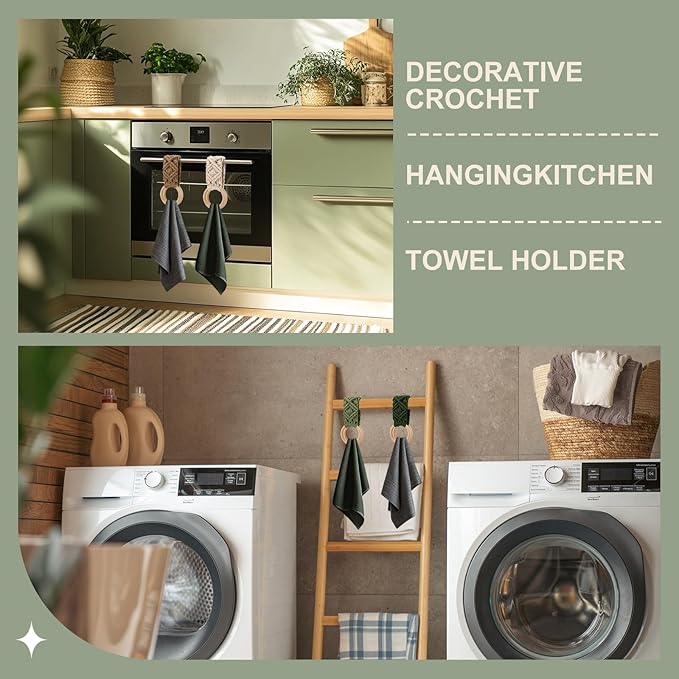 Tioncy 4 Pcs Kitchen Dish Towel Holder Gifts for Mother Boho Handmade Crochet Hanging Towels Loop Ring Knit Towel Hanger for Cabinet House Oven Stove Door, 4 Colors(Sage Green)
