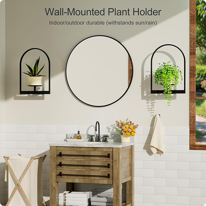 Black Metal Wall Plant Holder - 3-Pack Wall Mounted Plant Stands and Hanging Holders for Indoor Planter and Flower Pot - Arch Decor Shelf for Plant Storage (Pot Not Included)