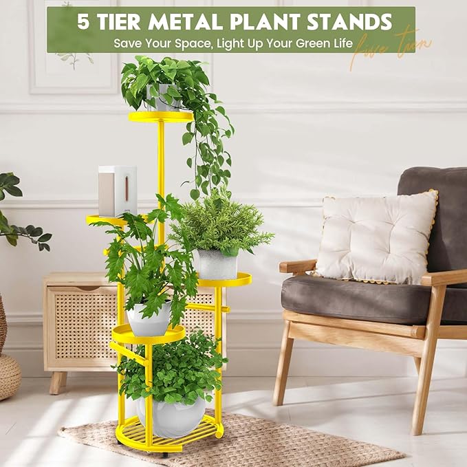 TOSKING 5-Tier Metal Plant Stand, Anti-Tip Round Base for Pots, Child & Pet Friendly, Space Saving Corner Shelf Flower Pot for Indoor Outdoor Use, Living Room Balcony Garden Patio Bedroom (Yellow, 38in)