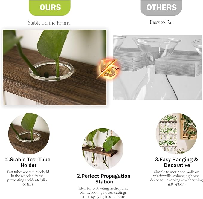 XXXFLOWER Wall Hanging Propagation Station with Wooden Stand 5 Glass Test Tubes 3 Tiered Planters Wall Terrarium for Home Office Plant Hanger Flower Vases Wall Decor Hydroponic Cuttings