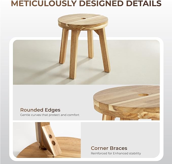 ARROWSTONE Wooden Round Stool 12 inches with Handle Hole – Solid Wood for Bathroom, Kitchen, Patio, Makeup stools & Indoor uses, Compact & Water-Resistant