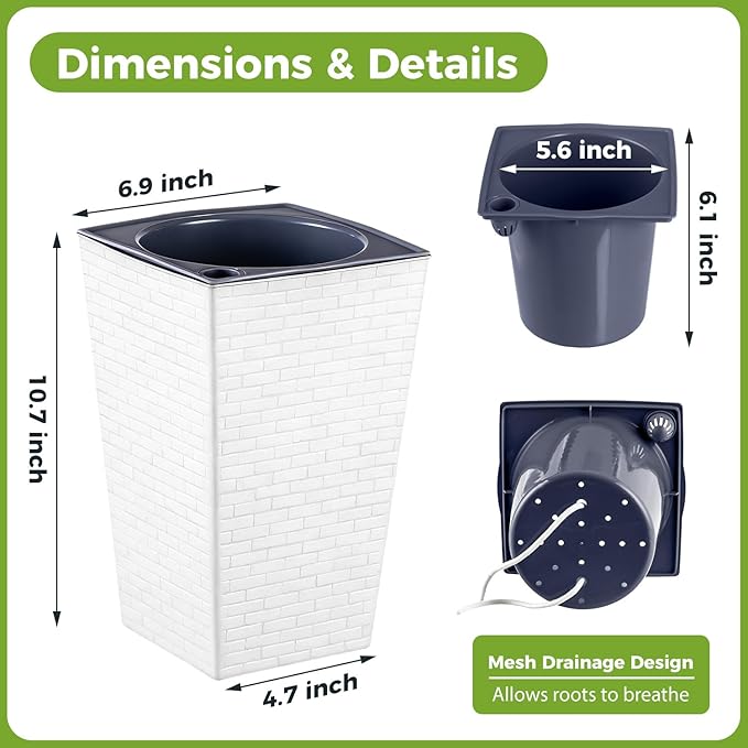 Self Watering Pots for Indoor Plants, 2 Pack Flower Pots Self Watering Planter 10.7" x 6.9" Plastic Pots African Violet Wick and Grow Pots Tall Orchid pots Square Large Plant Pots, White
