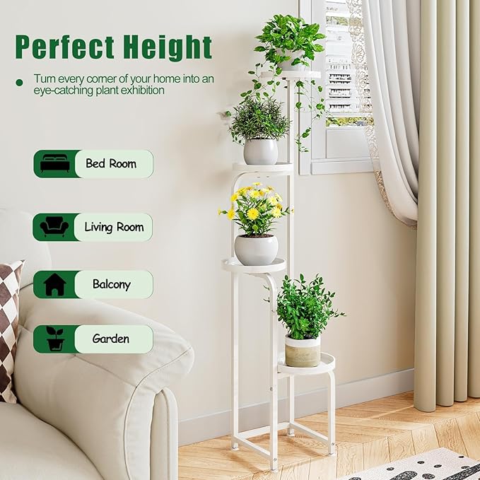 INGIORDAR Plant Stand Indoor Outdoor 4 Tier Metal Plant Shelf for Multiple Plants Corner Flower Holders for Living Room Balcony Bedroom Patio Garden, Black (White, 4-Tier)