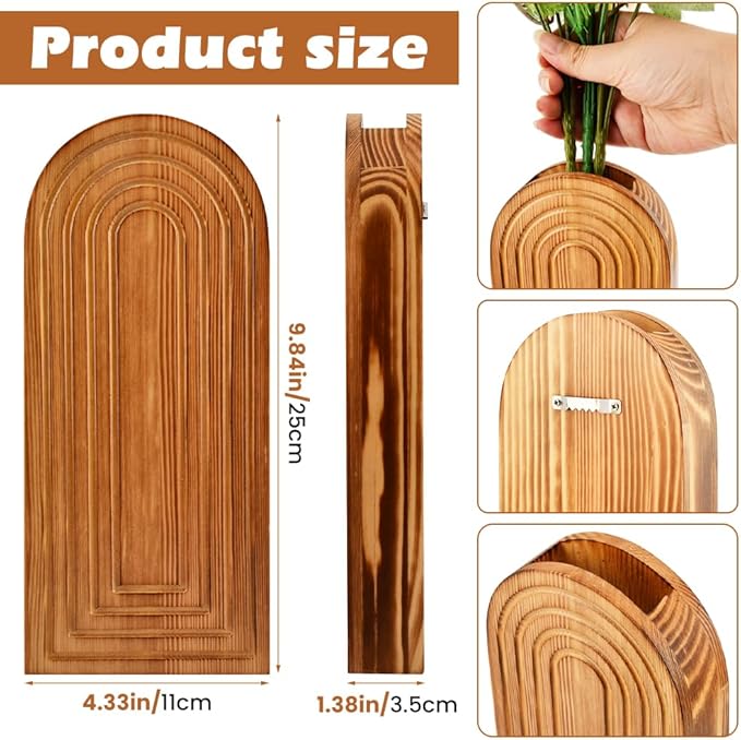 Set of 2 Wooden Wall-Mounted Vases for Dried Flowers, Boho Hanging Planters with Invisible Nails, Modern Farmhouse Home Decor for Living Room, Bedroom, Entryway, Bathroom