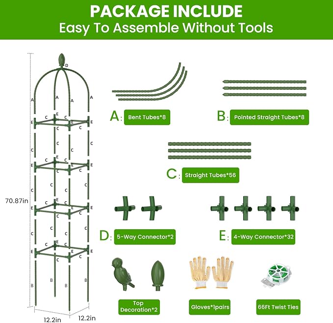2 Pack Garden Obelisk Trellis for Climbing Plants, 71" Rustproof Metal Tower Plant Support Cages, Rose Trellis for Tomato Potted Flowers Vegetables Vines, Indoor Outdoor Garden Patio