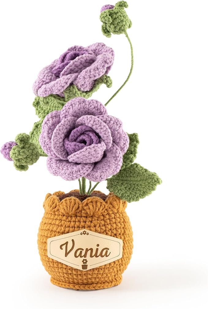 Crochet Flowers with Personalized Leather Name Tag Handmade Knitted Flowers for Home Office Desk Decor Crochet Rose Flower Potted Plant Crochet Gift for Women,Mom,Teacher, Birthday(Purple)