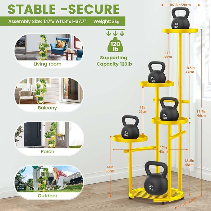 TOSKING 5-Tier Metal Plant Stand, Anti-Tip Round Base for Pots, Child & Pet Friendly, Space Saving Corner Shelf Flower Pot for Indoor Outdoor Use, Living Room Balcony Garden Patio Bedroom (Yellow, 38in)