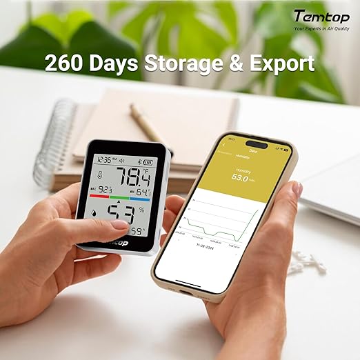 Temtop Humidity Meter T1, Indoor Thermometer for Room Temperature, Bluetooth Hygrometer with Notification Alerts, Data Export, Digital Gauge for Home, Office, Greenhouse, Garage, Baby Nursery, Gift