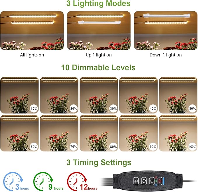 8.6'' LED Grow Light Strips, Full Spectrum 3500K Grow Lights for Indoor Plants, 2 Head with 3/9/12H Timer, 10 Dimmable Levels, Suitable for Seedling, Succulent, Plant Shelf and Greenhouse, 2-Pack