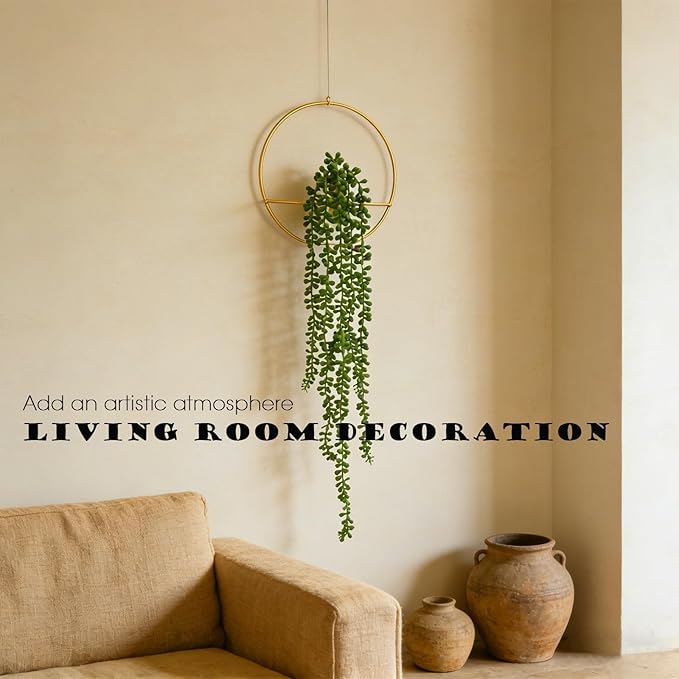 GREENTIME 2 Pack Fake Succulent Plants Hanging Artificial Ivy Vine with Gold Round Metal Hanging Vase Faux String of Pearls for Teacher Appreciation Living Room Bedroom Boho Kitche Wall Shelf Outdoor