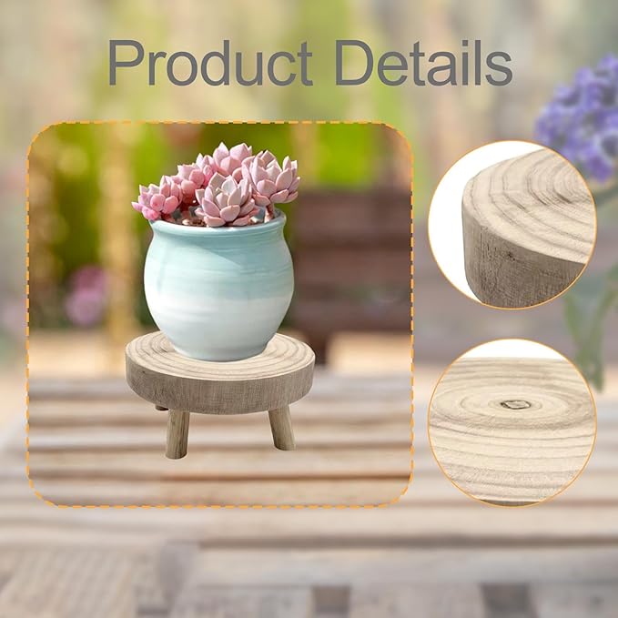 MYCENSE Wooden Stool Plant Stand for Indoor & Outdoor, Sturdy Flower Pot Stands Plants Shelf Potted Rack, Round Footstool, Decoration Racks for Home Office Garden Patio, D Wood 20x9cm
