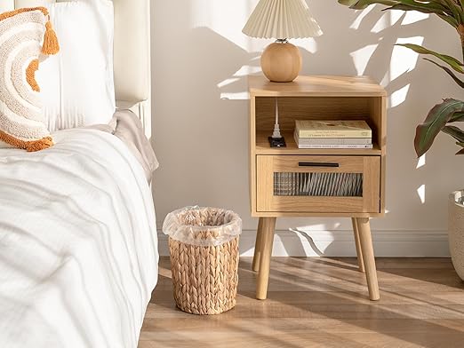 StorageWorks Wicker Waste Basket, Small Trash Can for Bathroom, Water Hyacinth Trash Basket for Office, Wicker Garbage Can for Bedroom, Round, 1 Pack