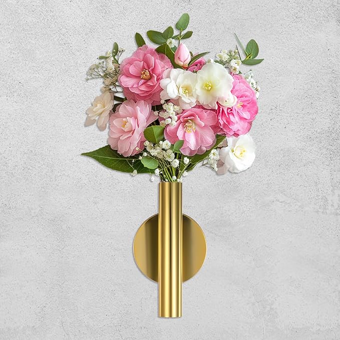 2 PCS Wall Vases for Flowers, Gold Flower Vase Metal Hanging Plant Holder Small Gold Vase Flowers Tube Wall Planter Hanging Vase for Modern Home Decor Display Dried Faux Flower Fake Flower