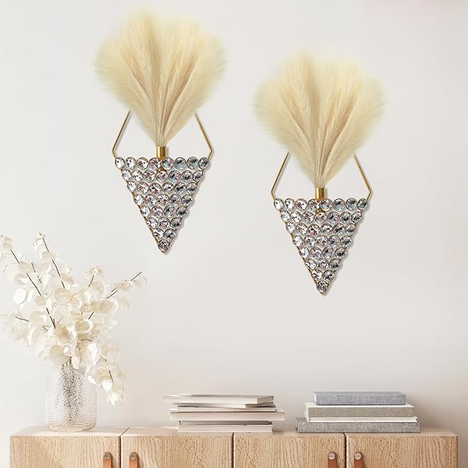 2 Pcs Boho Wall Decor Hanging Planters with Artificial Pampas Bling Jeweled Wall Mounted Metal Wall Decor Modern Home Decor Display Wall Art for Bedroom Bathroom Living Room