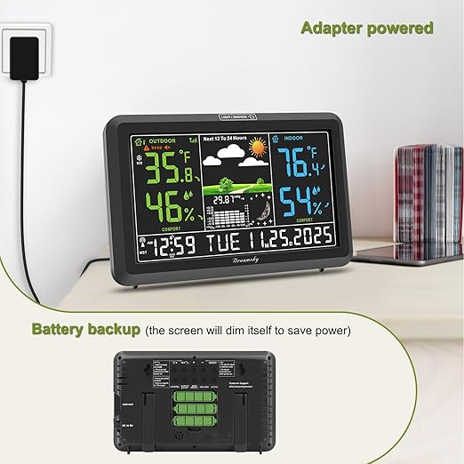 DreamSky Weather Station Indoor Outdoor Thermometer Wireless with Digital Atomic Clock for Home, Large Display with Dimmer, USB Port, Inside Outside Temperature Humidity Monitor (Plug-in)-2 Sensors