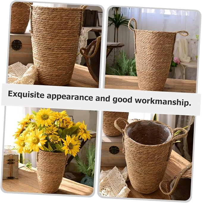 YARNOW Woven Flower Basket Plants Pots Indoor Seagrass Storage Vintage Vase Large Planters for Indoor Plants Rattan Multi-Purpose Garlic Seaweed