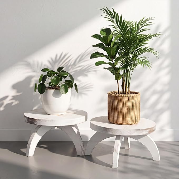Novabright 2 Pcs Short Plant Pedestal Wood Plant Stool Round Low Wood Riser Pedestal Display Decor Flower Indoor Outdoor Rustic Farmhouse Table Balcony Decor Board Flower Holder Rise (White)