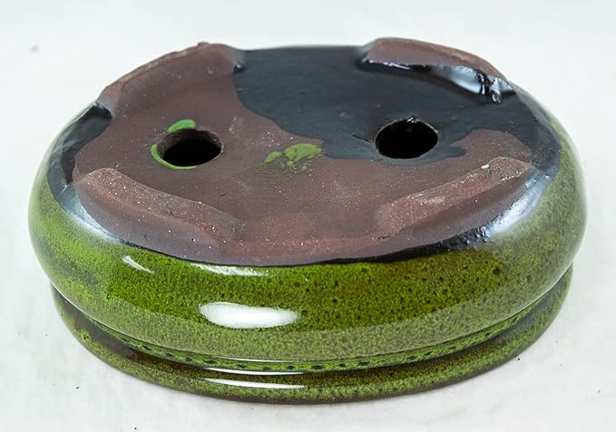 6 inch Oval Moss Green Glazed Bonsai / Succulent Pot + Soil + Tray + Rock + Mesh Kit