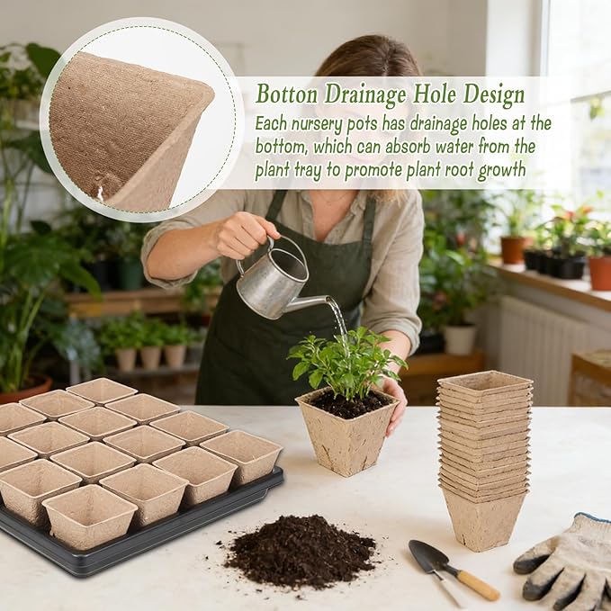 100 Pcs Square Nursery Pots with Drain Holes and 6 Pcs Plastic Plant Growing Trays and Plant Labels, Seed Starter Kit Propagation Tray Seed Starting Pots for Seedling Plant Growing