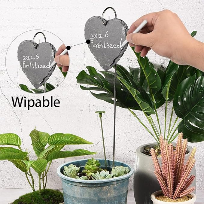 Slate Plant Labels Garden Markers Signs Labels with Stainless Steel Stake & Marker Pen Waterproof Slate Plant Labels for Flowers, Herbs, Potted Plants, Seed (Heart, 5PCS)
