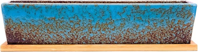 Succulent Pots - 12.1 Inch Large Succulent Planters Pots with Drainage Tray, Long Rectangle Ceramic Pot for Indoor Cactus/Succulent Plants Shallow Bonsai Window Box for Home Garden Decor (Blue)