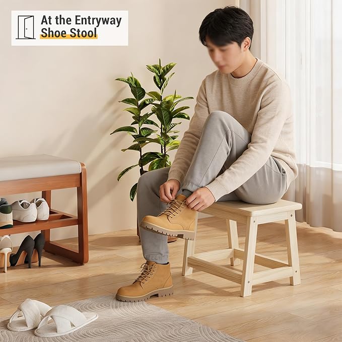Wooden Step Stool, Foot Stool, Shoe Bench, Small Side End Table, Small Sofa Foot Stool for Bathroom Living Room Bedroom Kitchen Entryway Modern Sturdy 16.5x11x11.8inchs (Natural)