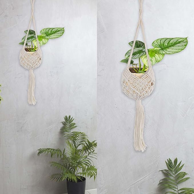 2 Pack 90CM (35inch) Extra Long Macrame Plant Hangers, up to 8 inch Pot Hanging Planter with Patterns, Premium Cotton Rope Crochet Boho Hanging Planter Basket for Indoor & Outdoor Plants(Off-white)