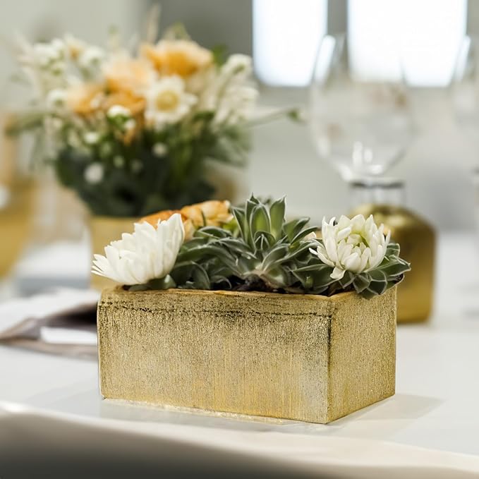 WGVI Long Rectangle Ceramic Planter Vase in Gold Etched 12" x 4" x 4"H, Block Rectangular Terrarium Box Pot, Flower Arrangement, Table top Centerpiece, Home Decor Storage Container, Bulk, 6 Pcs.