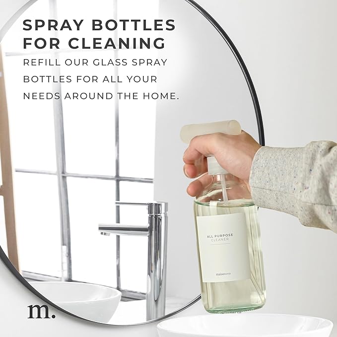 MAISONOVO Glass Spray Bottles for Cleaning - 16.9 fl oz Clear x 2 with 16 Labels