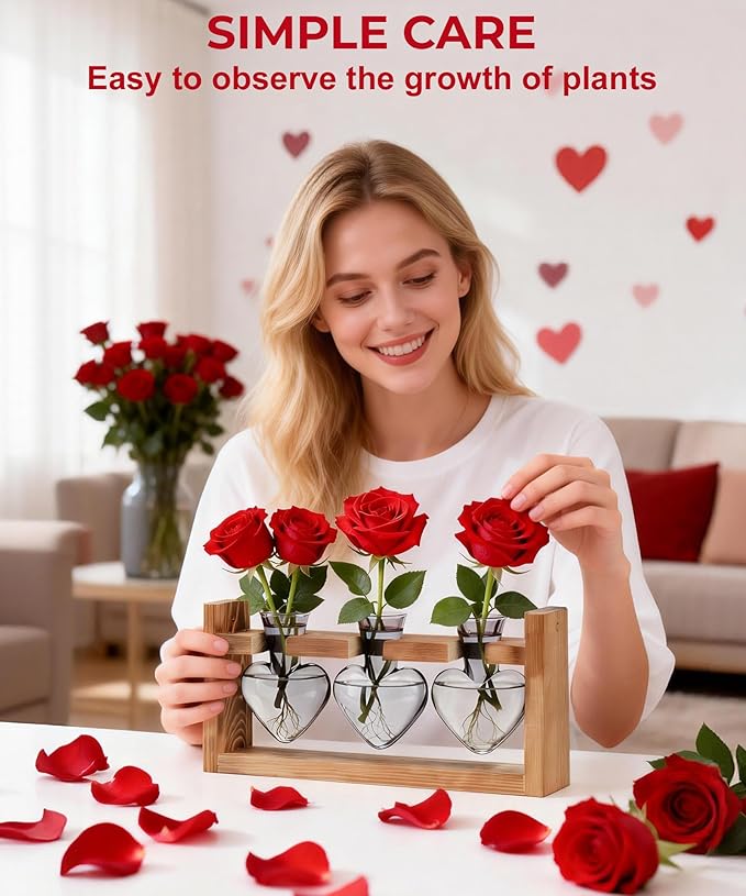 Nacome Plant Terrarium Propagation Stations: Mothers Day Gifts for Mom Plant Lovers Women Wife Daughter - 3 Bulb Glass Vase with Wooden Stand Tabletop for Hydroponics Home Garden Decor(Gray)