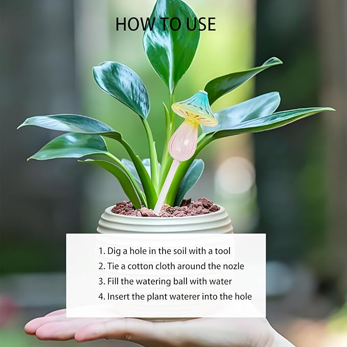 2 Pcs Rainbow Gradient Self Watering Plant Globes,Glass Watering Bulbs Top-Fill Mushroom Watering Spikes, Automatic Watering Devices for Indoor Plants/Travel Vacation