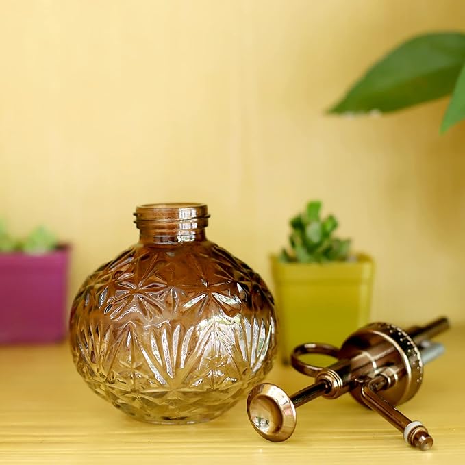 Hniuyun Glass Plant Mister Spray Bottle, 6.5inch Tall Vintage Round Spritzer with Bronze Plastic Top Pump for Watering Your Garden (Brownish White Gradient)