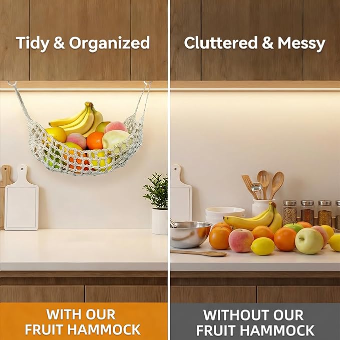 Hanging Fruit Hammock Under Cabinet, 13×16in Macrame Hanging Fruits Basket with 4 Hooks Fruit Net Banana Hammock Hanging Storage Veggie Hanger Basket for Kitchen Home Boat Rv(Beige)