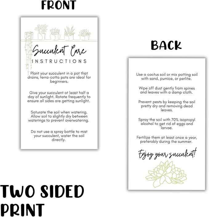Succulent Care Instruction Cards with Icons 50pk 2x3.5” Home Propagated Plants Tags Labels White Simple for Sale Client Care How to Water Kit