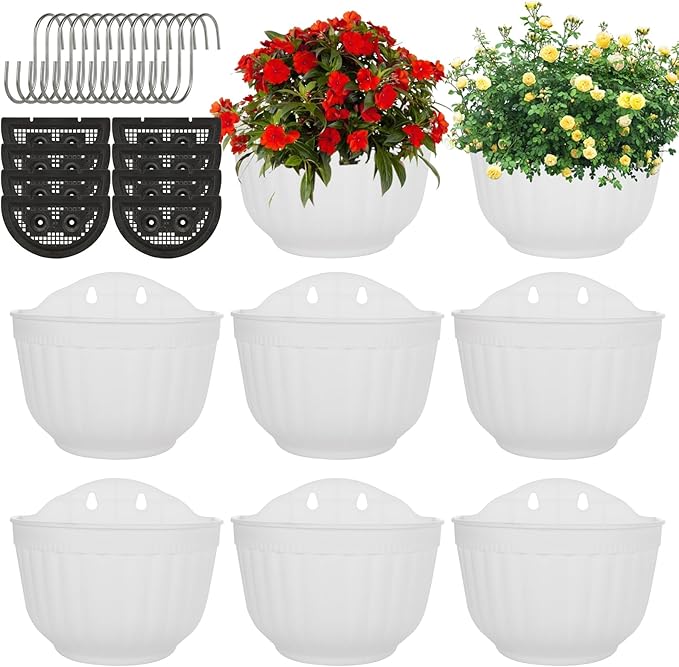 AKOLAFE 8 Pack Vertical Wall Planters for Indoor Plants Living Wall Planter Outdoor Walls Plant Holder with Hook White Walls Hanging Planter Resin Flower Pot Basket for Garden Railing Balcony Fence