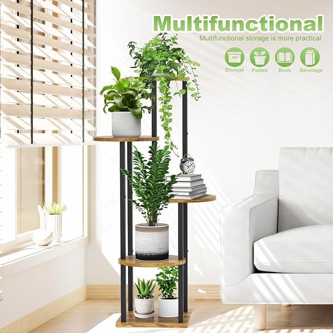 5 Tier Wood Tall Plant Stand Metal Rack Indoor, Multiple Flower Pot Holder Shelves Corner Rack, Round Planter Shelf Display Rack Storage Organizer for Patio Living Room Balcony(Black+Brown)