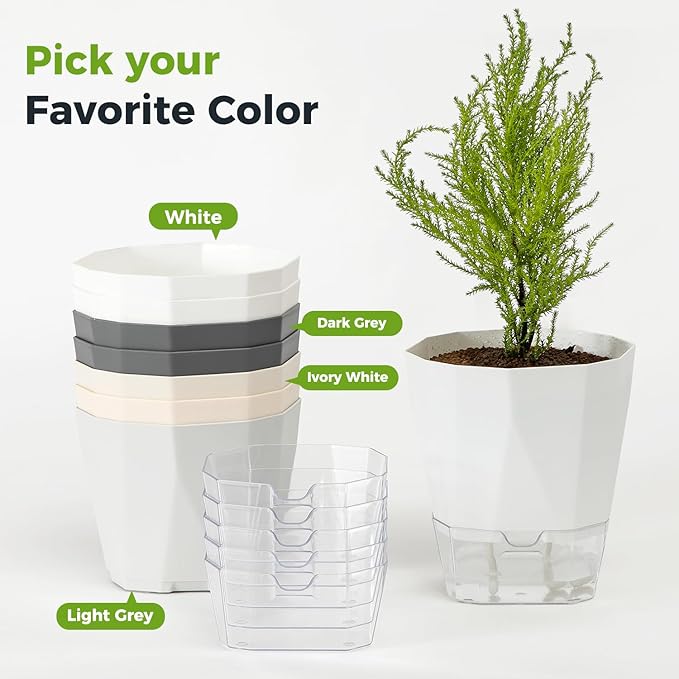 5 Pack Self Watering Pots for Indoor Plants, 5/6.7/8.4 Inches Self Watering Planters African Violet Self Watering Clear Pots for Plants Herb Orchid Flower Houseplant Pots, White