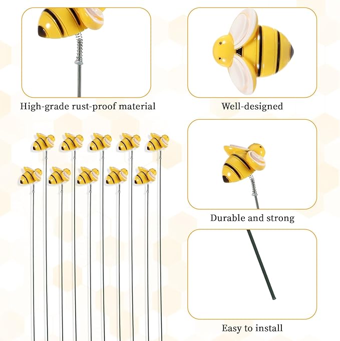 10PCS Bee Garden Stakes Decor Small Bees Yard Decor Metal Garden Stakes Honey Bee Decors Spring Summer Resin Bumble Bees Gardens Stake for Lawn Corridor Plant Pot Pathway Flower Bed
