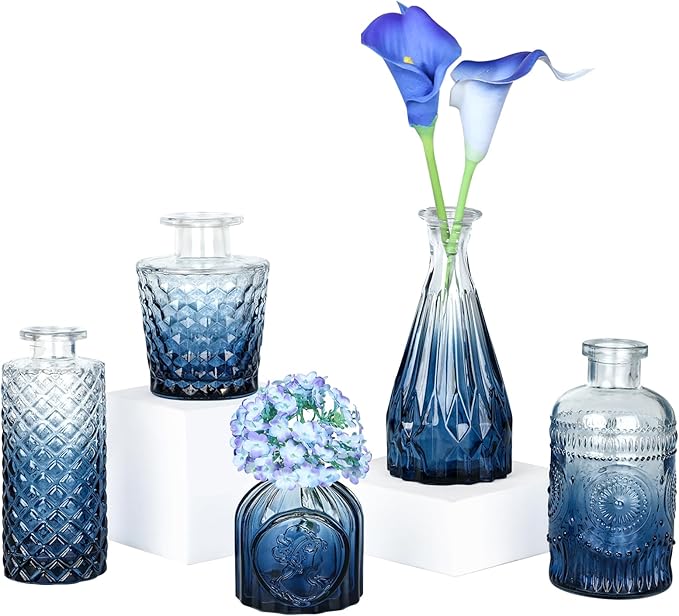 TBWIND Glass Bud Vase Set of 5, Small Blue Flower Vases for Centerpieces in Bulk, Mini Vintage Vase for Wedding Decor, Single Flowers, and Home Table Décor