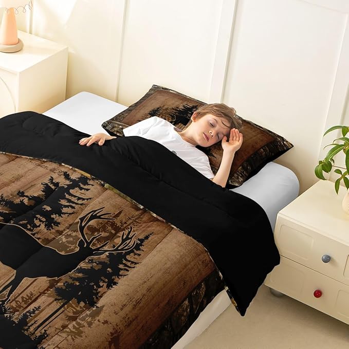 Feelyou Deer Comforter Set All Season Deer Hunting Bedding Set with 1 Pillow Cases Wild Animal Hunting Twin Bedclothes Western Cabin Bedroom Decor Rustic Country Farmhouse Duvet Quilt