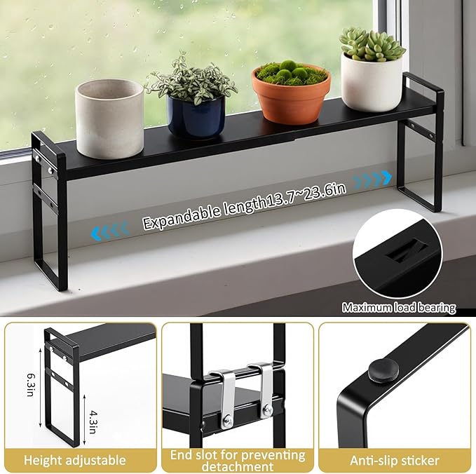 1 Pcs Expandable Window Sill Plant Shelf, 13.7 x 3.5 x 7.28 Inches, Stackable Narrow Over The Sink Shelf, Adjustable Height Metal Window Sill Extender Shelves for Kitchen Bathroom (Black)