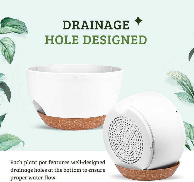 Vanslogreen Plant Pots 12inch Self Watering Pots, Set of 2 Plastic Planters with Drainage Holes and Saucers, Flower Pots for Indoor Outdoor Plants (White)