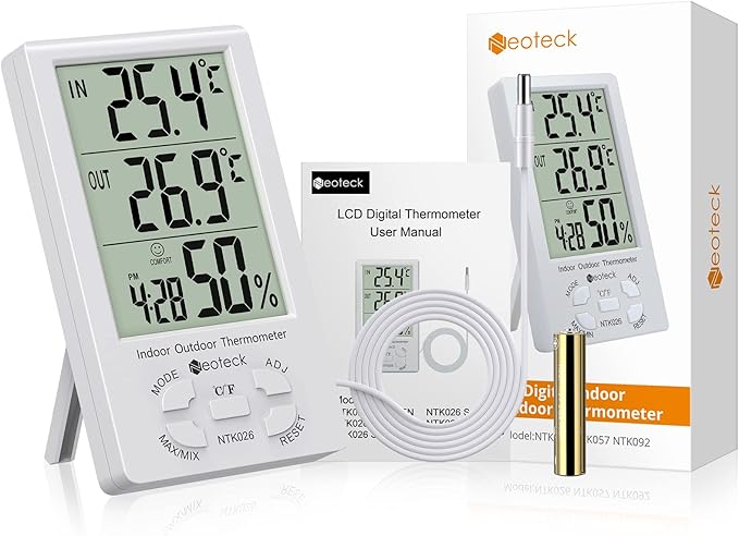 Neoteck 3 in 1 Thermometer Hygrometer with Clock Large LCD Display, Digital Humidity Temperature Meter 1.5m Sensor Wire for Indoor Outdoor Use