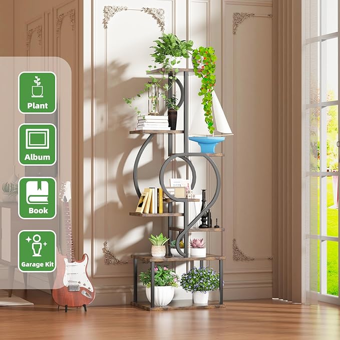 YAKANJ Plant Stand Indoor with Grow Light,8 Tiered Indoor Plant Stand,58" Tall Plant Flower Shelf,Creative Note Shaped Plant Holder for Home,Patio,Brown