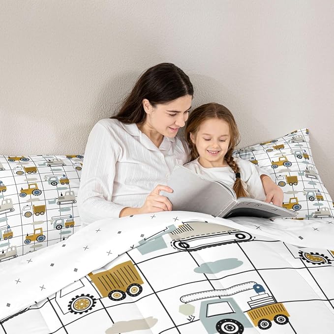 Feelyou Construction Truck Comforter Set Twin Kids Machinery Truck Excavators Vehicles Comforter for Boys Cartoon Tractor Bedding Set Excavator Tractor Plaid Grid White Duvet Set with 1 Pillow Case