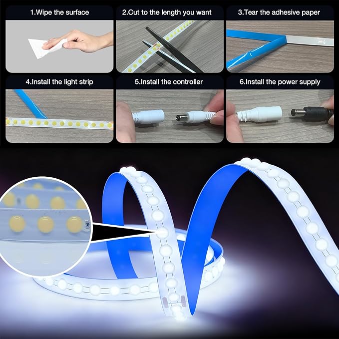 phopollo White LED Strip Lights, 18ft Dimmable 6500k Daylight White Led Light Strip, 840 LEDs Flexible Led Lights for Bedroom, Mirror, Kitchen Decoration