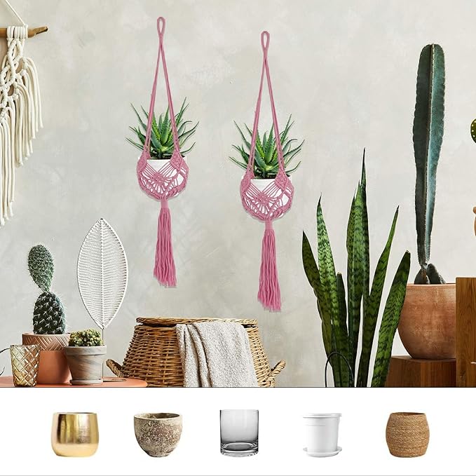 2 Pack 90CM (35inch) Extra Long Macrame Plant Hangers, up to 8 inch Pot Hanging Planter with Patterns, Premium Cotton Rope Crochet Boho Hanging Planter Basket for Indoor & Outdoor Plants (Pink)