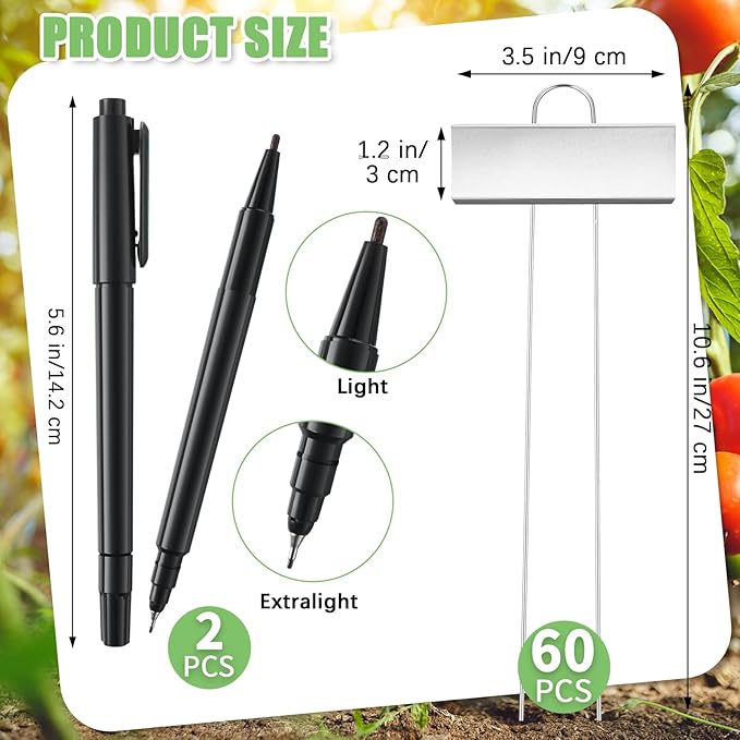 Maitys 62 Pcs Metal Plant Labels Garden Markers Outdoor Weatherproof 10.6 Inch Stainless Steel Nursery Tags Reusable Bulk with Pens for Flower Fruit Vegetable Seedling (Silver Label with Black Ink)