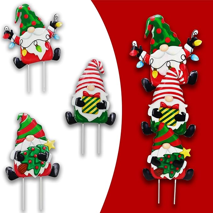 3 Pack Metal Christmas Yard Signs Decor for Multiple Stacked, Christmas Yard Stakes with Gnomes Fall Yard Decor for Outside Garden Yard Lawn Porch
